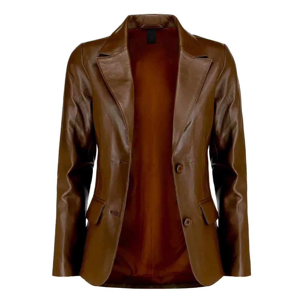 Women’s Dark Brown Lambskin Leather Blazer with Two-Button Closure
