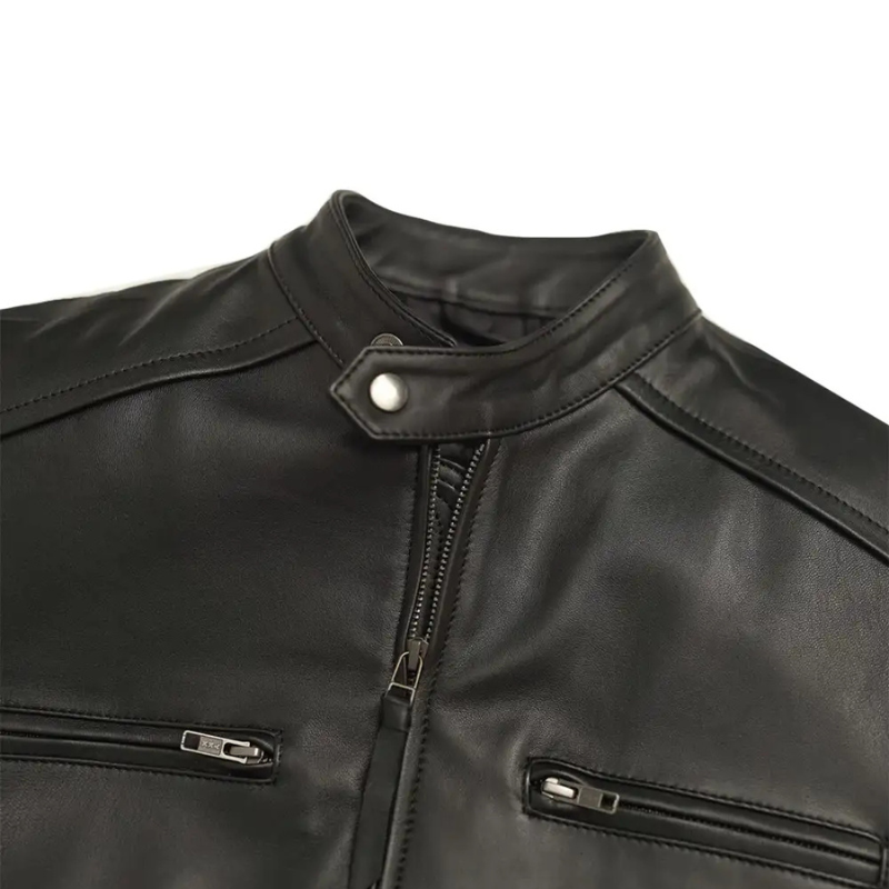 Men’s Black Lambskin Leather Motorcycle Jacket with Zipper Pockets