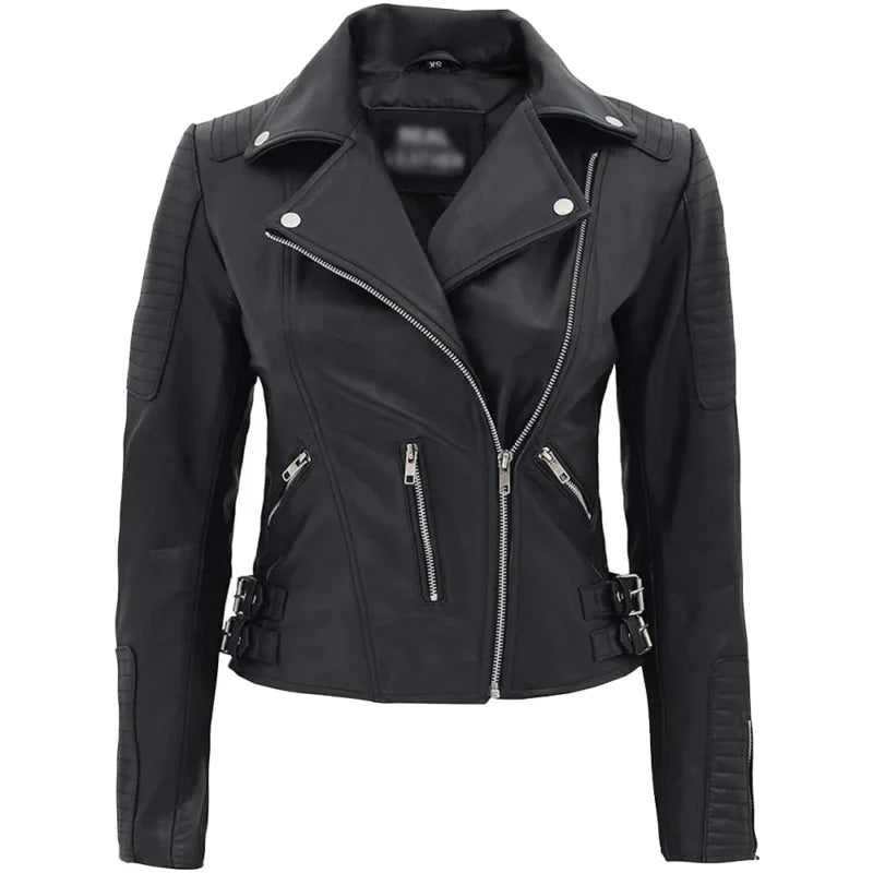 Women’s Black Biker Leather Jacket with Padded Design