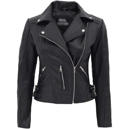 Women’s Black Biker Leather Jacket with Padded Design