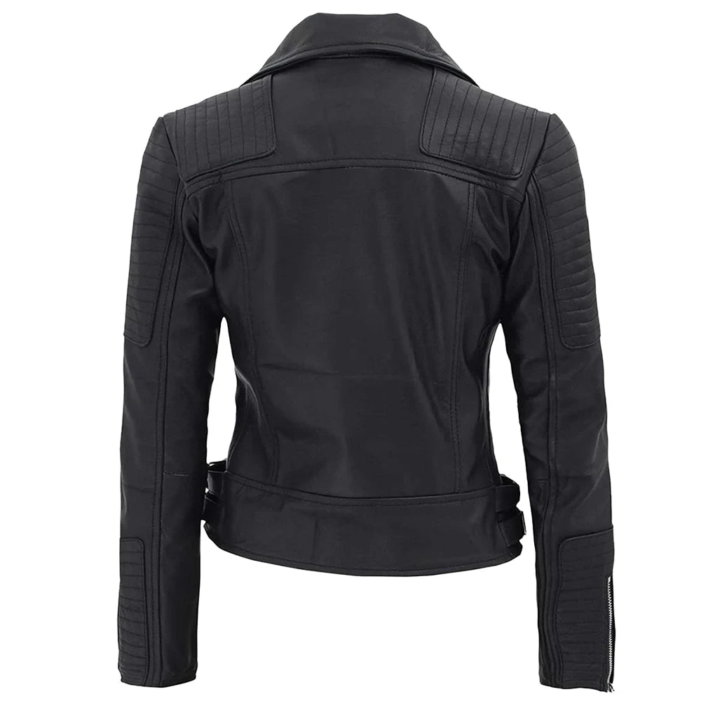 Women’s Black Biker Leather Jacket with Padded Design
