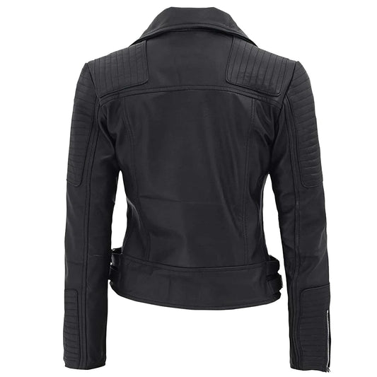 Women’s Black Biker Leather Jacket with Padded Design