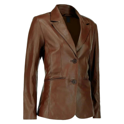 Women’s Dark Brown Lambskin Leather Blazer with Two-Button Closure
