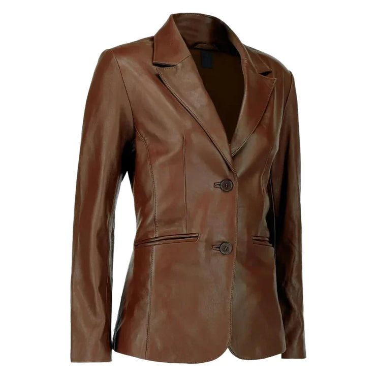 Women’s Dark Brown Lambskin Leather Blazer with Two-Button Closure