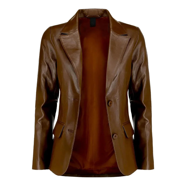 Women’s Dark Brown Lambskin Leather Blazer with Two-Button Closure
