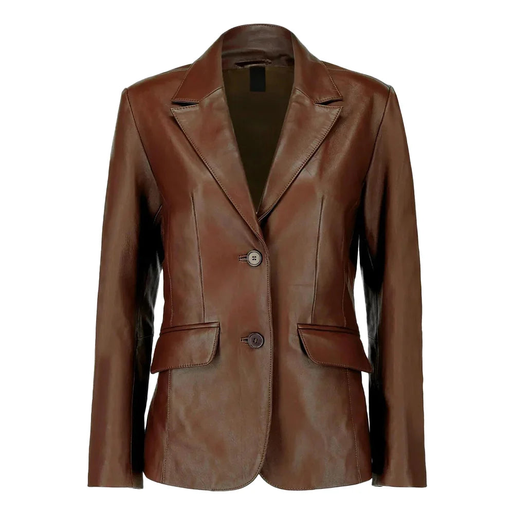 Women’s Dark Brown Lambskin Leather Blazer with Two-Button Closure