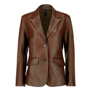 Women’s Dark Brown Lambskin Leather Blazer with Two-Button Closure