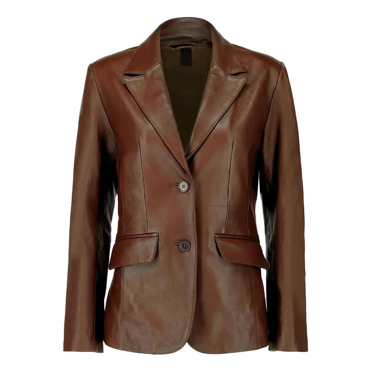 Women’s Dark Brown Lambskin Leather Blazer with Two-Button Closure