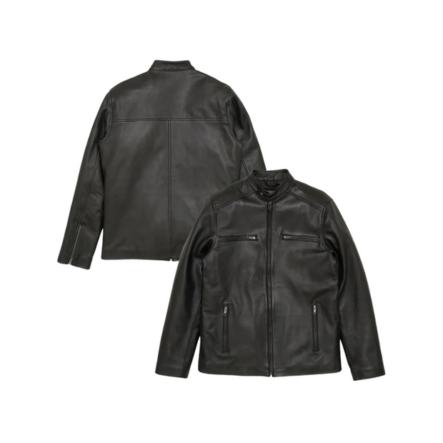 Men’s Black Lambskin Leather Motorcycle Jacket with Zipper Pockets