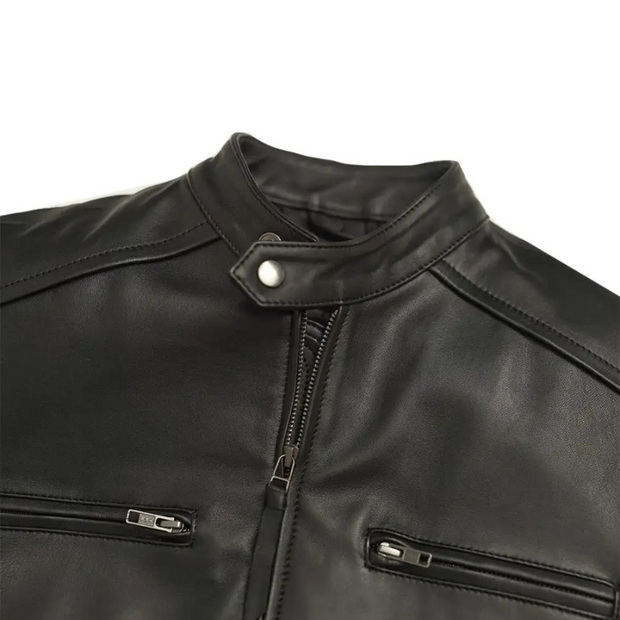 Men’s Black Lambskin Leather Motorcycle Jacket with Zipper Pockets