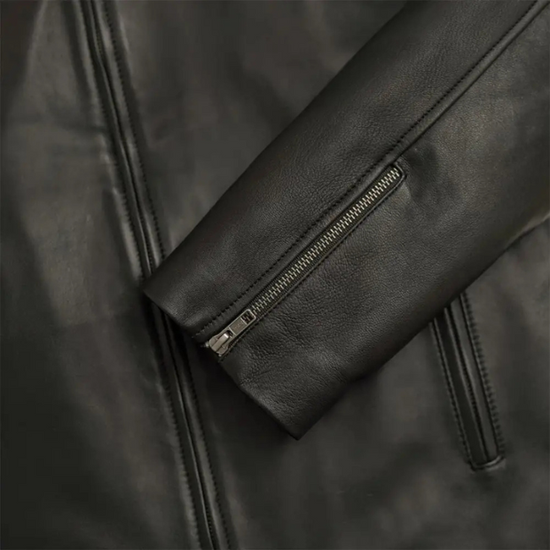 Men’s Black Lambskin Leather Motorcycle Jacket with Zipper Pockets