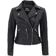 Women’s Black Biker Leather Jacket with Padded Design