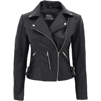 Women’s Black Biker Leather Jacket with Padded Design