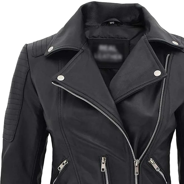 Women’s Black Biker Leather Jacket with Padded Design