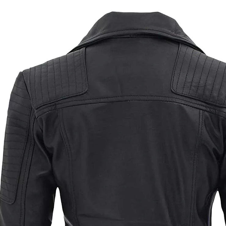 Women’s Black Biker Leather Jacket with Padded Design