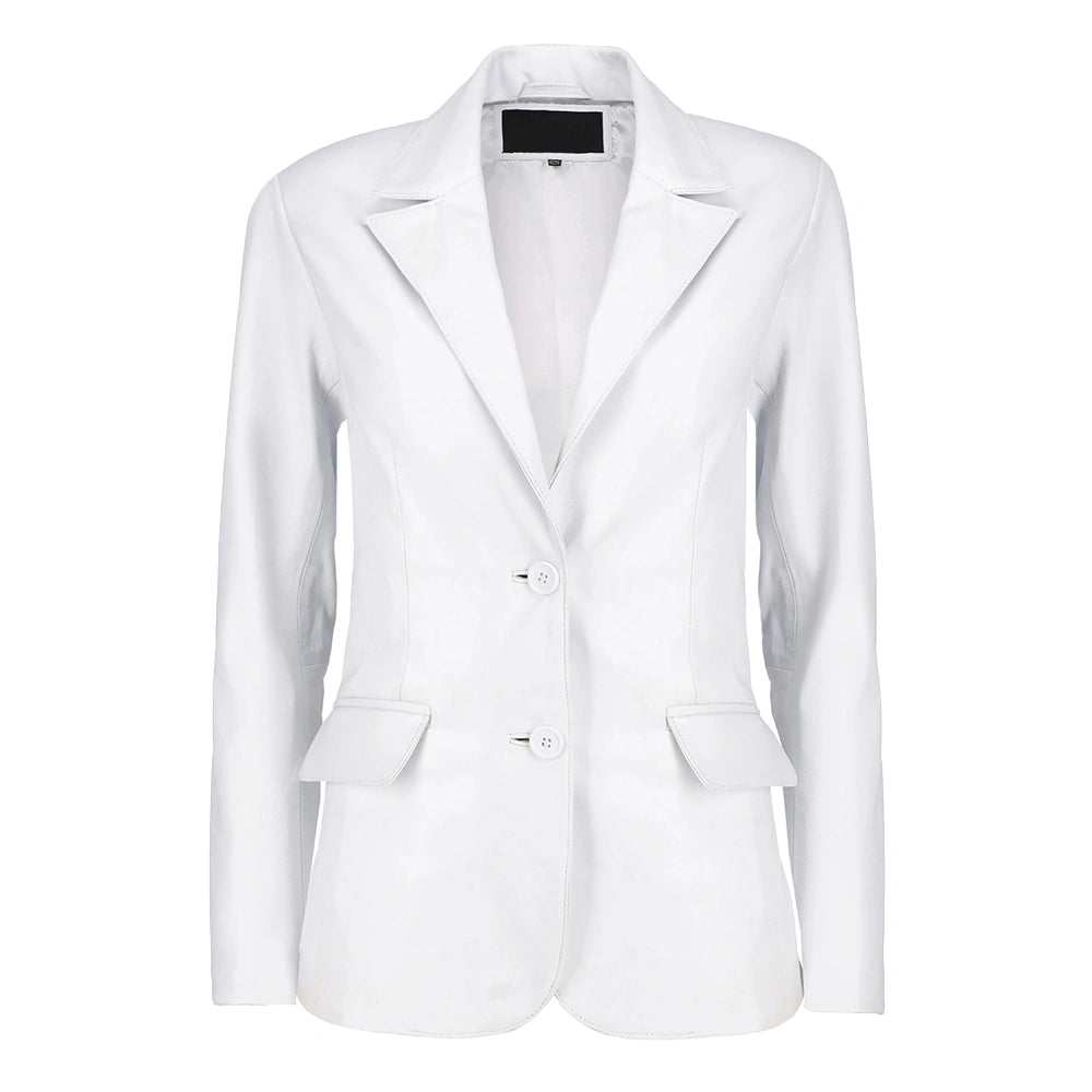 Women’s White Leather Blazer with Notch Lapel and Two-Button Closure