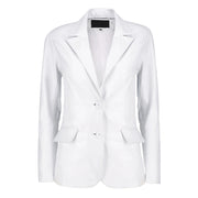 Women’s White Leather Blazer with Notch Lapel and Two-Button Closure