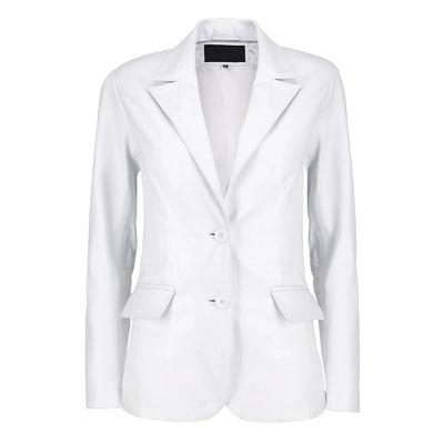 Women’s White Leather Blazer with Notch Lapel and Two-Button Closure