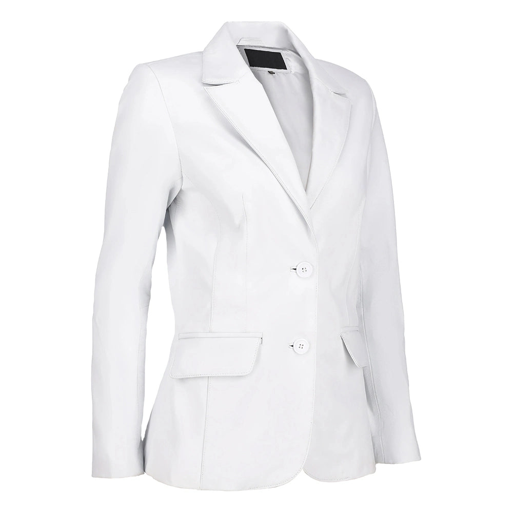 Women’s White Leather Blazer with Notch Lapel and Two-Button Closure