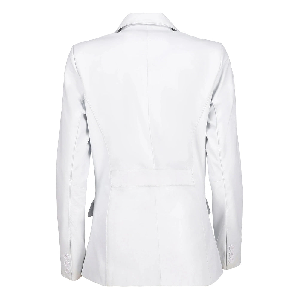 Women’s White Leather Blazer with Notch Lapel and Two-Button Closure