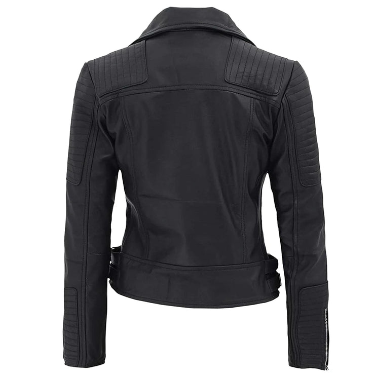 Women’s Black Biker Leather Jacket with Padded Design